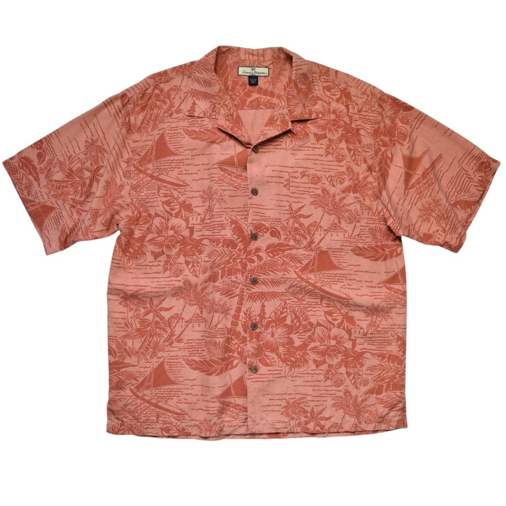 Tommy Bahama Men's L Shirt Orange Silk Hawaiian Floral Short Sleeve Camp Shirt